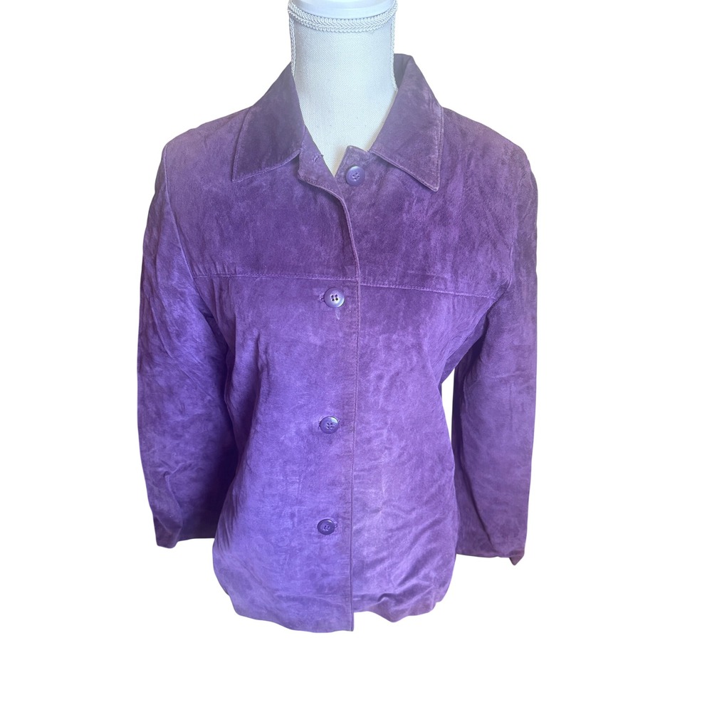 Vintage Clio Purple Suede Leather Jacket Women Size 6 Button Front Blazer 90s